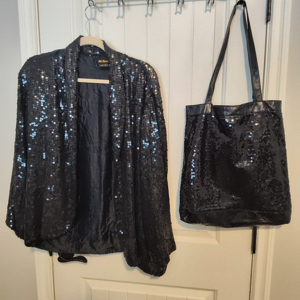 Sequined blazer and sequined hand bag